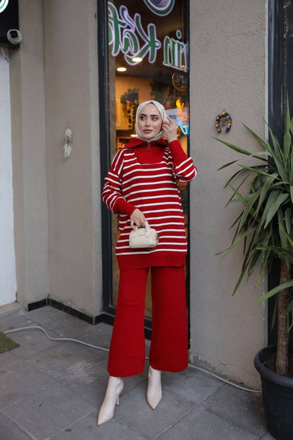 Çizgili Fermuar Yaka Triko Takım